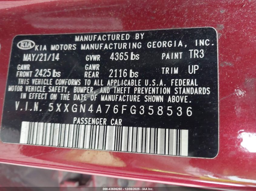 2015 Kia Optima Ex VIN: 5XXGN4A76FG358536 Lot: 43686260