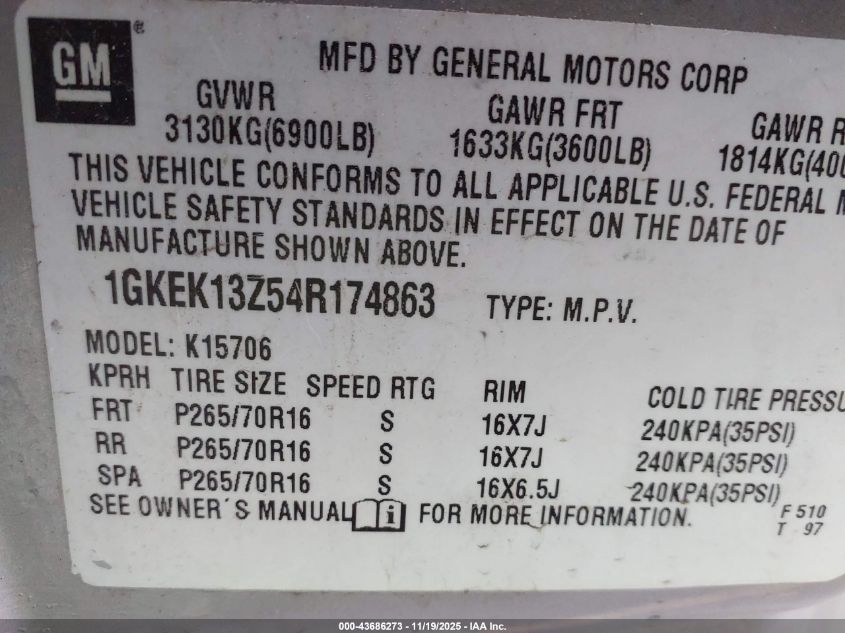 2004 GMC Yukon Sle VIN: 1GKEK13Z54R174863 Lot: 43686273