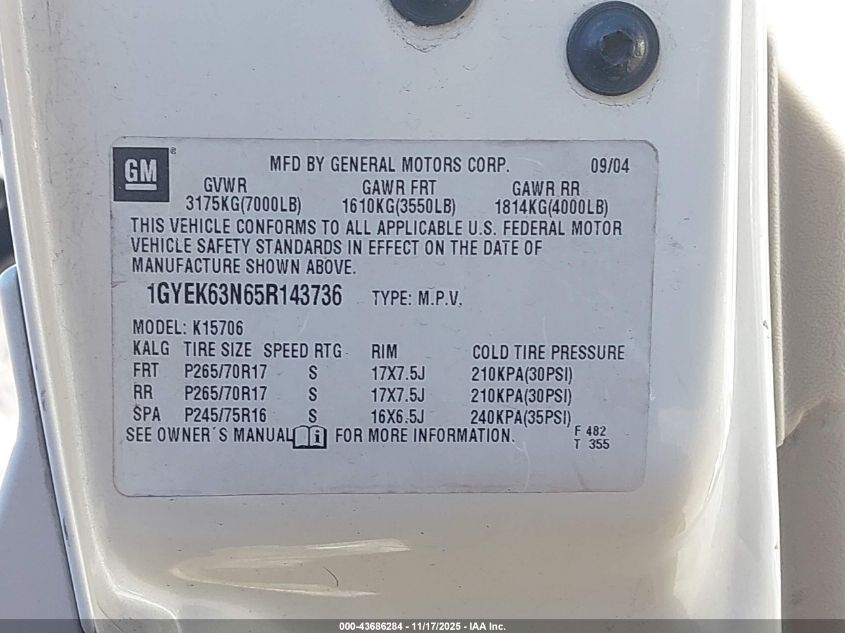 2005 Cadillac Escalade Standard VIN: 1GYEK63N65R143736 Lot: 43686284