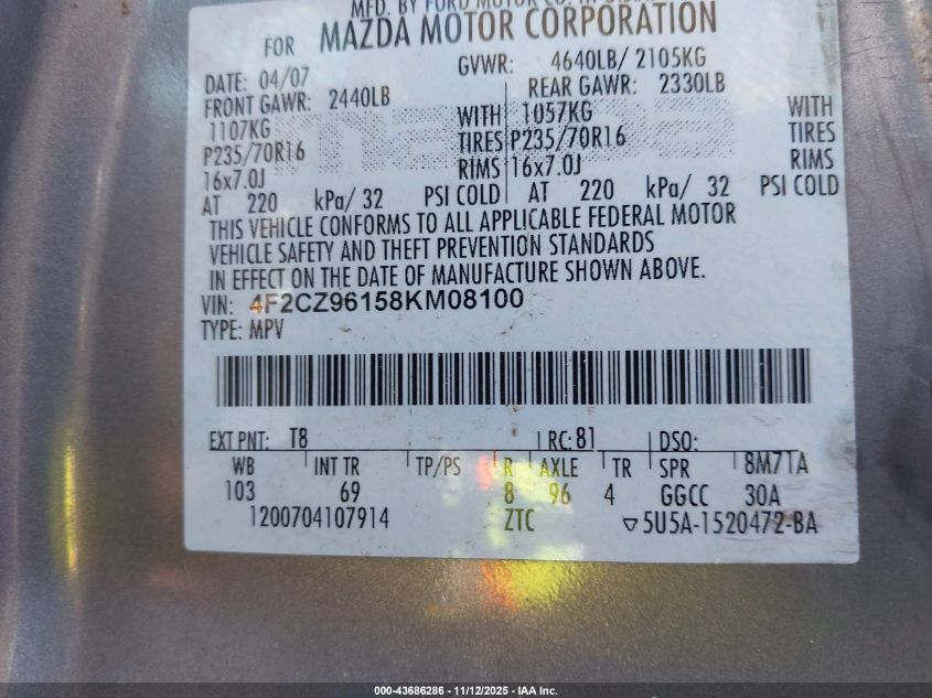 2008 Mazda Tribute S Grand Touring VIN: 4F2CZ96158KM08100 Lot: 43686286