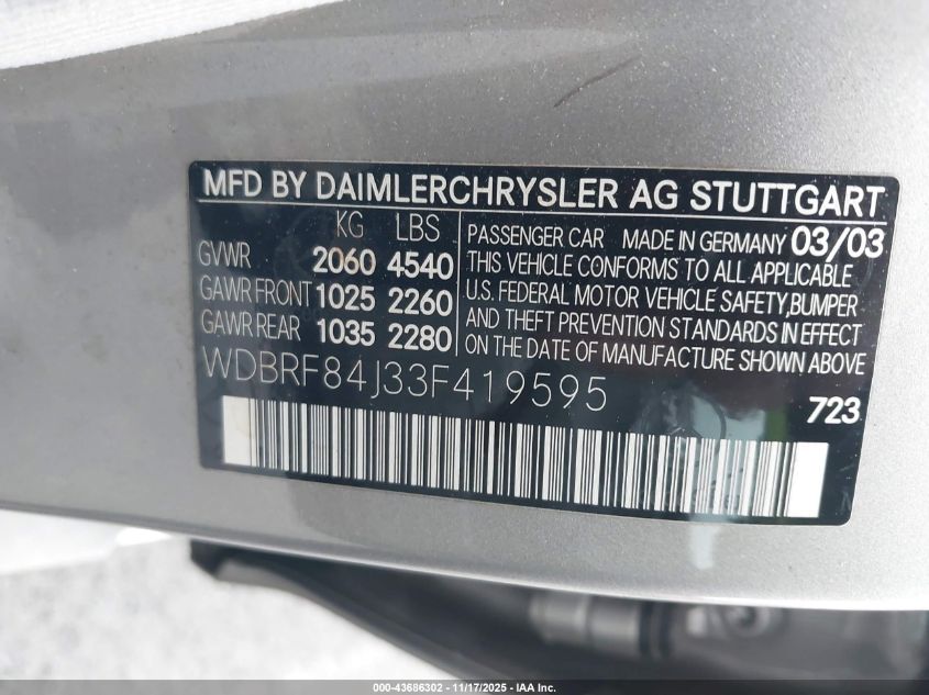 2003 Mercedes-Benz C 320 Sport VIN: WDBRF84J33F419595 Lot: 43686302