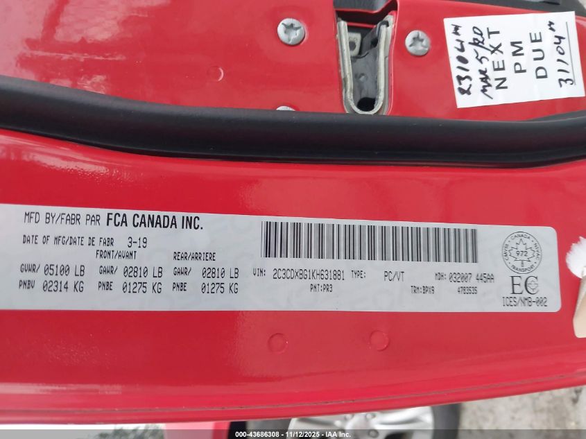 2019 Dodge Charger Sxt VIN: 2C3CDXBG1KH631881 Lot: 43686308