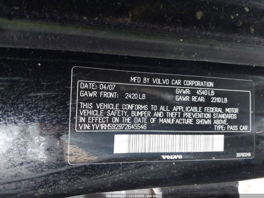 2007 Volvo S60 2.5T VIN: YV1RH592972645546 Lot: 43686312