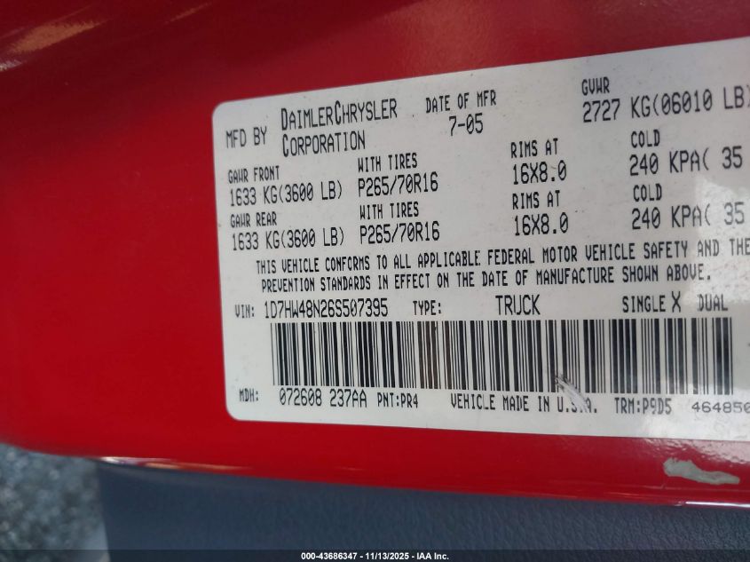 2006 Dodge Dakota Slt VIN: 1D7HW48N26S507395 Lot: 43686347