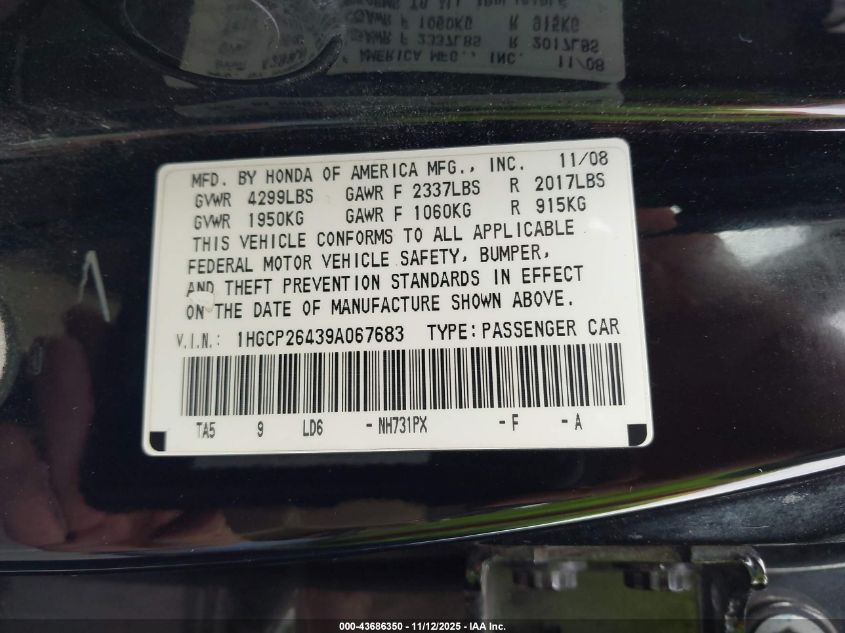 2009 Honda Accord 2.4 Lx-P VIN: 1HGCP26439A067683 Lot: 43686350