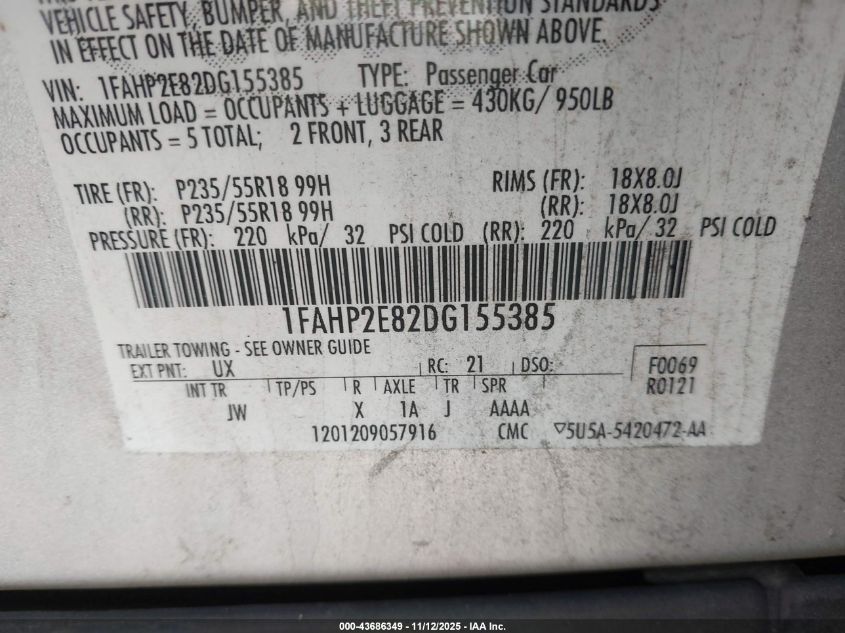 2013 Ford Taurus Sel VIN: 1FAHP2E82DG155385 Lot: 43686349