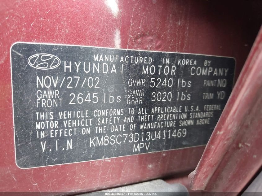 2003 Hyundai Santa Fe Gls/Lx VIN: KM8SC73D13U411469 Lot: 43686367