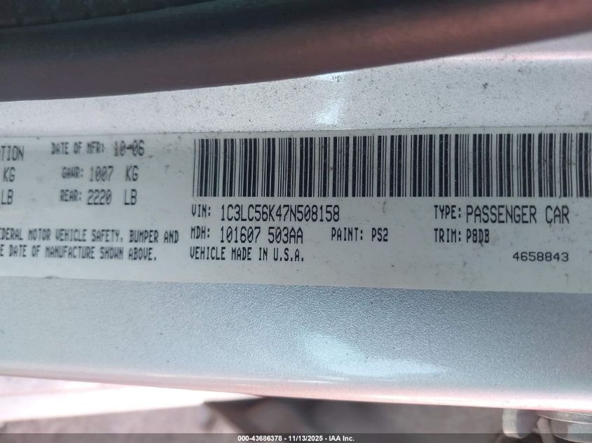 2007 Chrysler Sebring Touring VIN: 1C3LC56K47N508158 Lot: 43686378