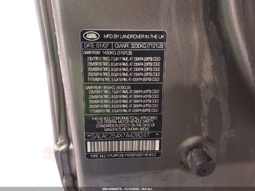 2007 Land Rover Lr3 V8 Se VIN: SALAE254X7A428247 Lot: 43686379
