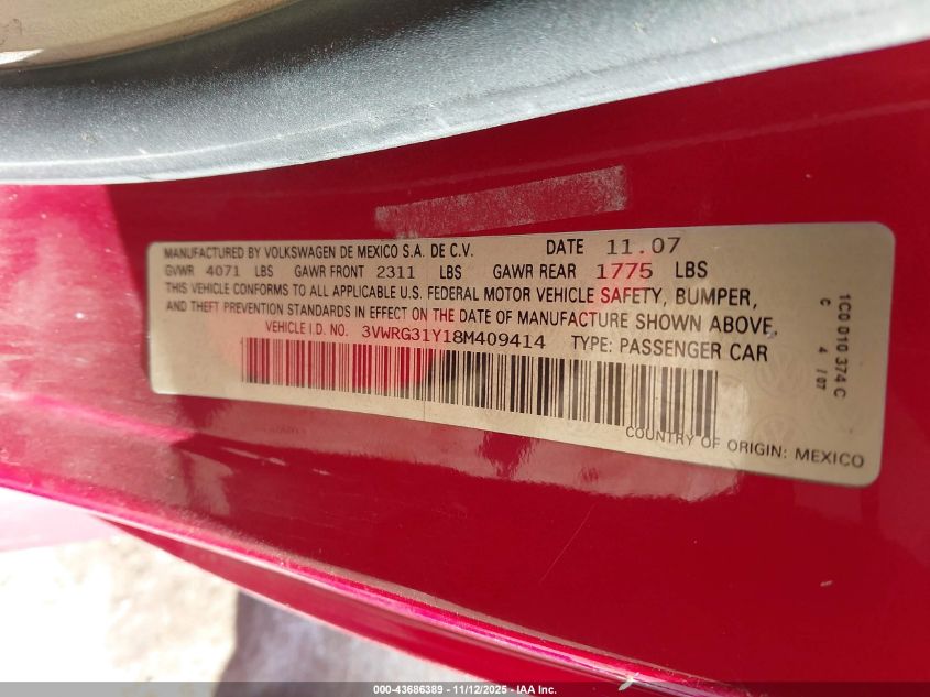 2008 Volkswagen New Beetle Se VIN: 3VWRG31Y18M409414 Lot: 43686389