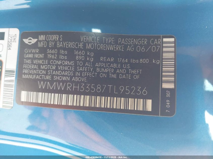 2007 Mini Cooper S VIN: WMWRH33587TL95236 Lot: 43686418