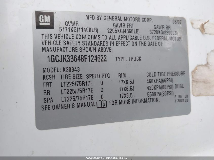 2008 Chevrolet Silverado 3500Hd Ltz VIN: 1GCJK33648F124622 Lot: 43686422