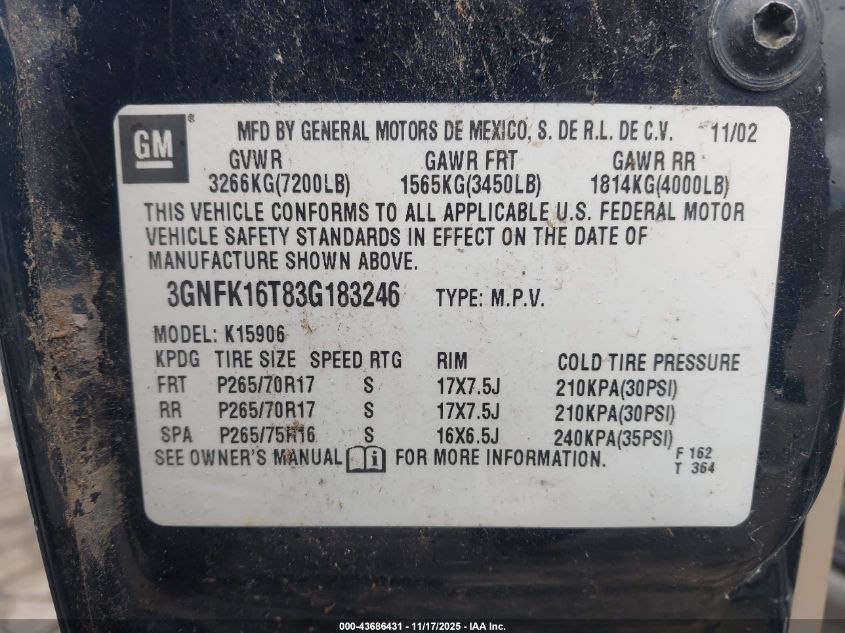 2003 Chevrolet Suburban 1500 Z71 VIN: 3GNFK16T83G183246 Lot: 43686431