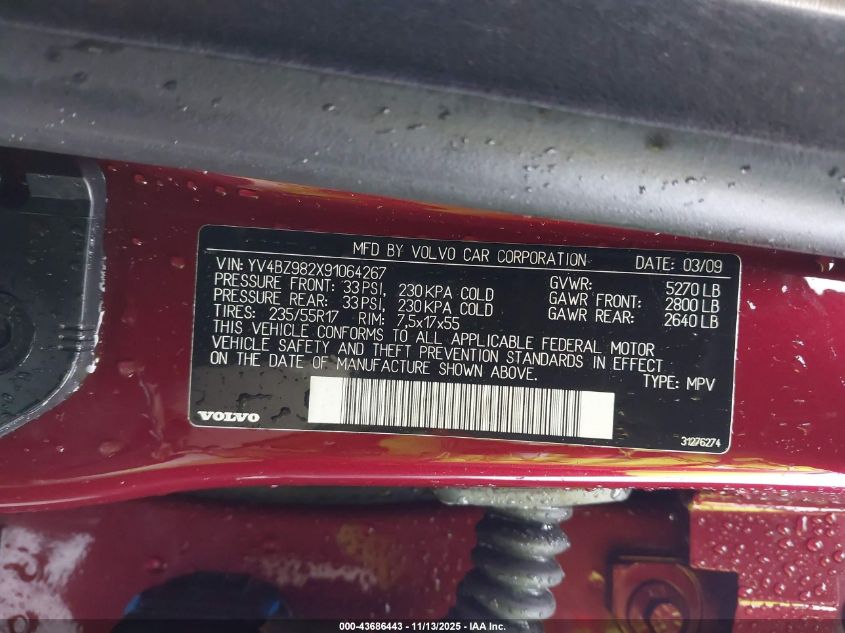 2009 Volvo Xc70 3.2 VIN: YV4BZ982X91064267 Lot: 43686443