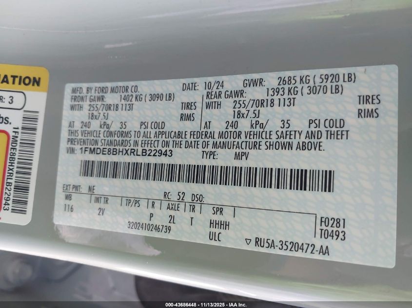 2024 Ford Bronco Outer Banks VIN: 1FMDE8BHXRLB22943 Lot: 43686448
