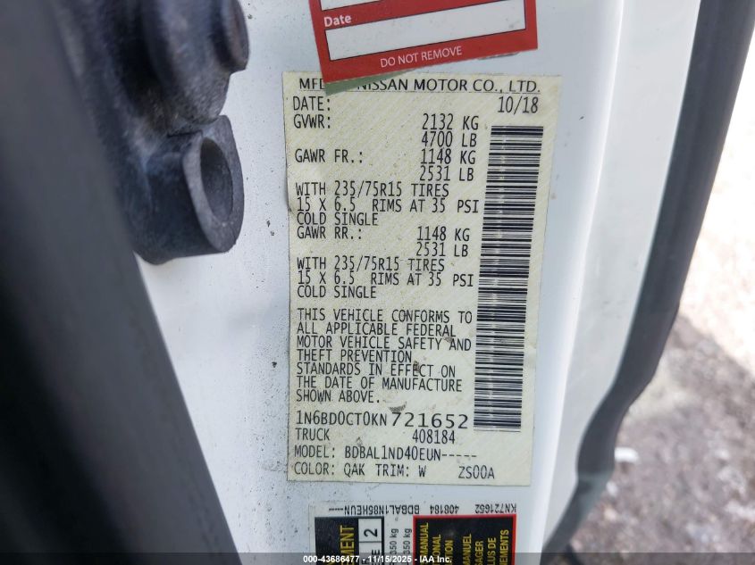 2019 Nissan Frontier S VIN: 1N6BD0CT0KN721652 Lot: 43686477