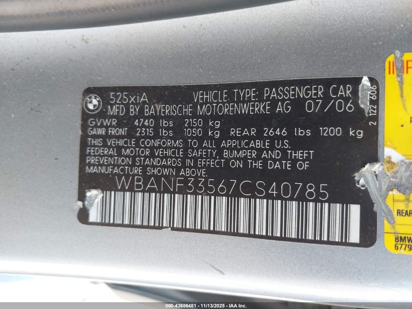 2007 BMW 525Xi VIN: WBANF33567CS40785 Lot: 43686481
