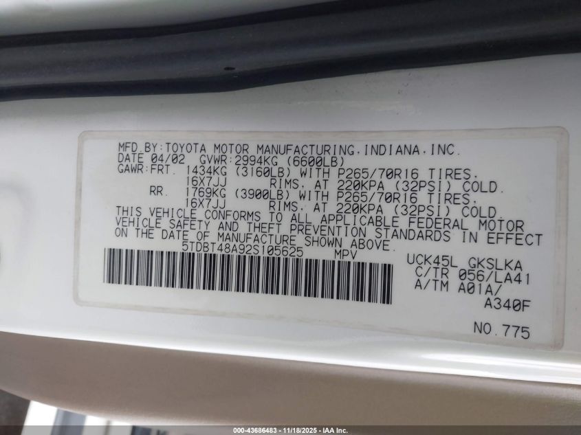 2002 Toyota Sequoia Limited VIN: 5TDBT48A92S105625 Lot: 43686483