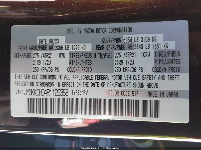 2024 Mazda Cx-90 3.3 Turbo Premium VIN: JM3KKDHD4R1129388 Lot: 43686488