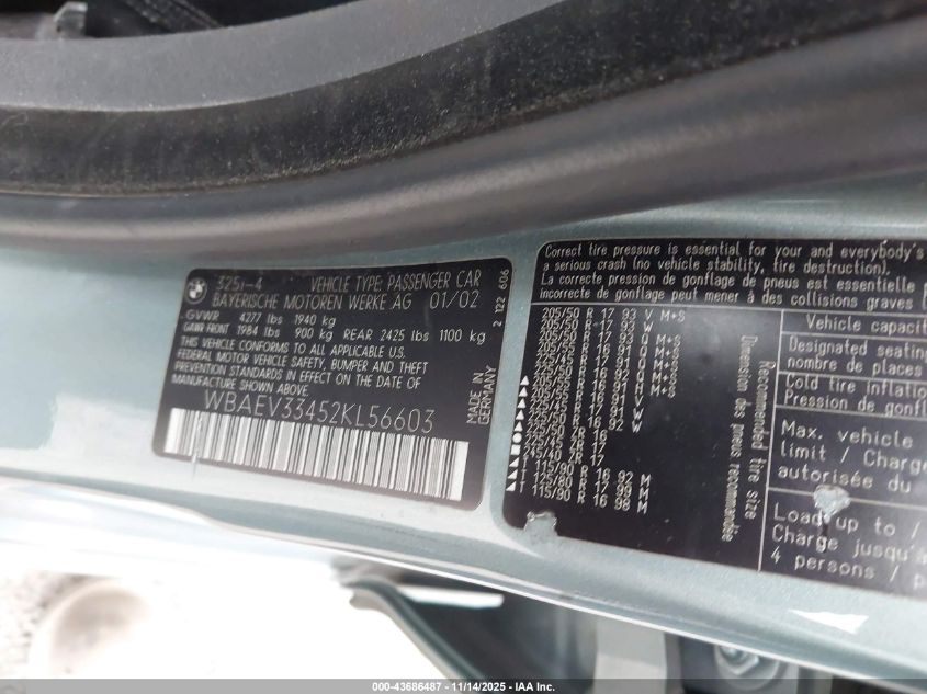 2002 BMW 325I VIN: WBAEV33452KL56603 Lot: 43686487