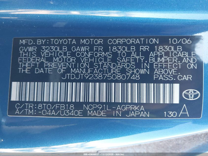 2007 Toyota Yaris VIN: JTDJT923875080748 Lot: 43686537