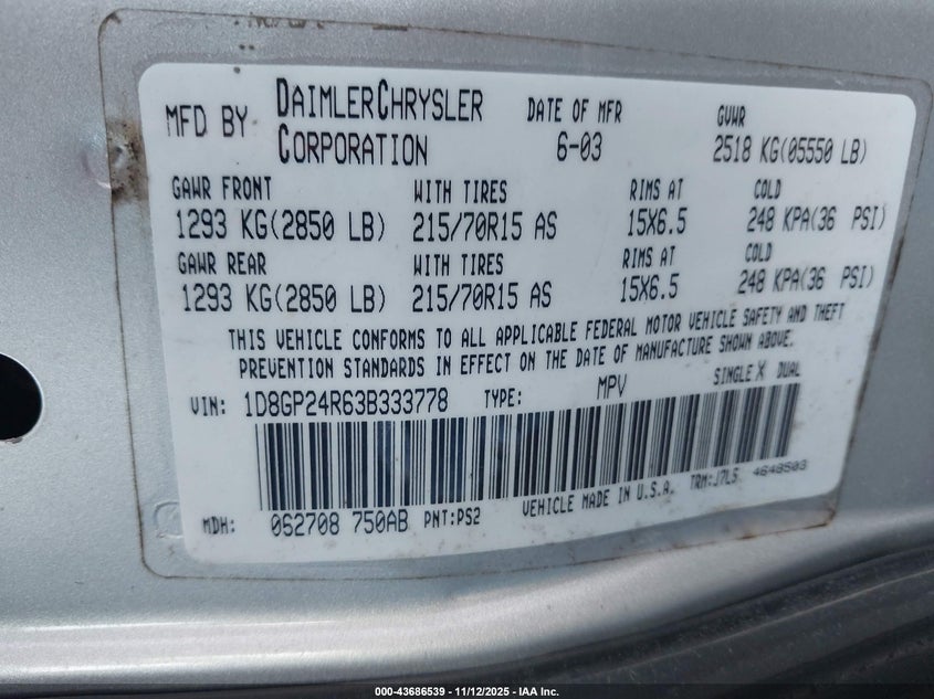 2003 Dodge Grand Caravan Se VIN: 1D8GP24R63B333778 Lot: 43686539