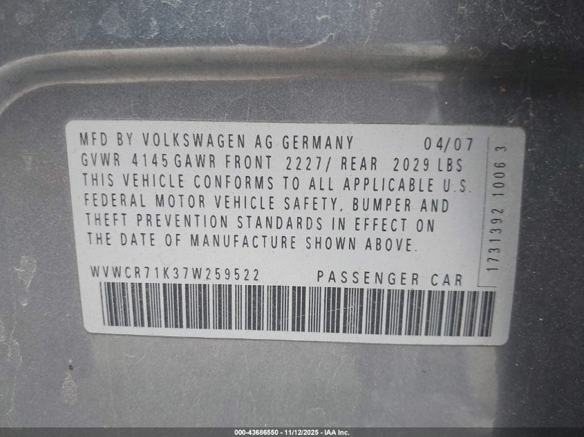 2007 Volkswagen Rabbit 4-Door VIN: WVWCR71K37W259522 Lot: 43686550