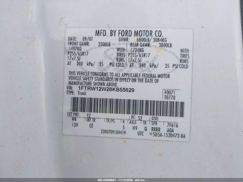 2008 Ford F-150 60Th Anniversary/Fx2/Xl/Xlt VIN: 1FTRW12W28KB55629 Lot: 43686551