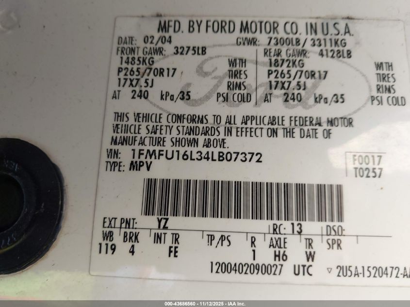 2004 Ford Expedition Nbx/Xlt VIN: 1FMFU16L34LB07372 Lot: 43686560