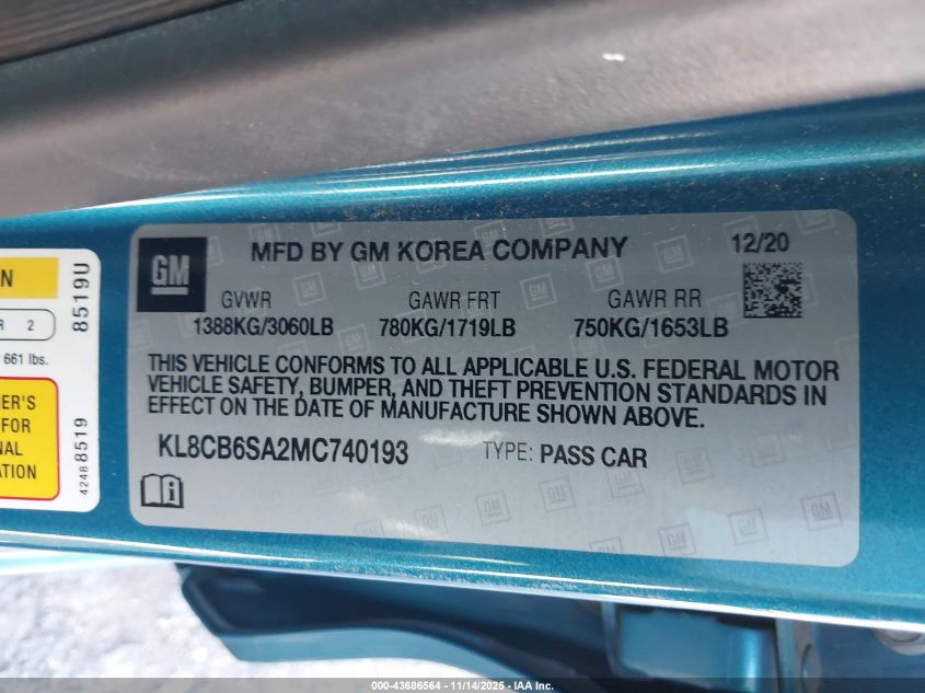 2021 Chevrolet Spark Fwd Ls Automatic VIN: KL8CB6SA2MC740193 Lot: 43686564