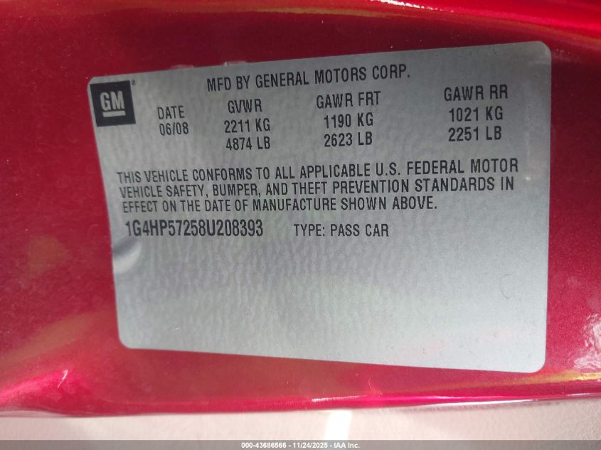 2008 Buick Lucerne Cx VIN: 1G4HP57258U208393 Lot: 43686566