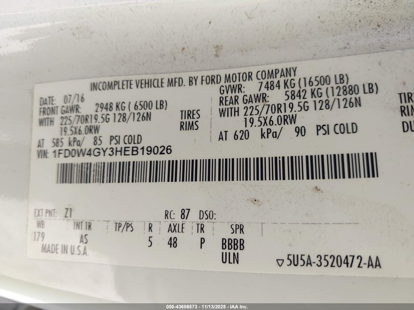 2017 Ford F-450 Chassis Xl VIN: 1FD0W4GY3HEB19026 Lot: 43686573