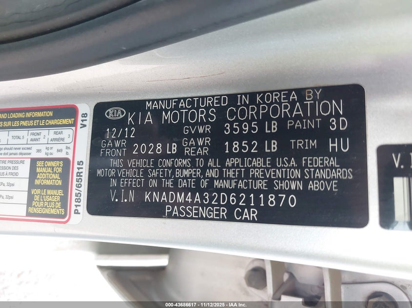 2013 Kia Rio Lx VIN: KNADM4A32D6211870 Lot: 43686617