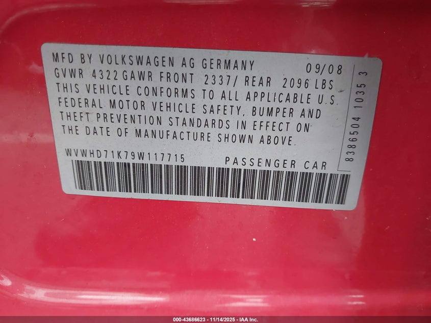 2009 Volkswagen Gti 4-Door VIN: WVWHD71K79W117715 Lot: 43686623