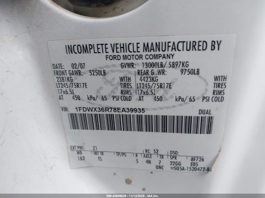 2008 Ford F-350 Chassis Lariat/Xl/Xlt VIN: 1FDWX36R78EA39935 Lot: 43686629