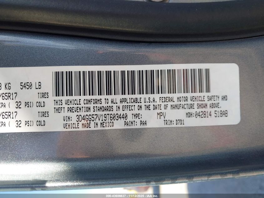 2009 Dodge Journey Sxt VIN: 3D4GG57V19T603440 Lot: 43686637