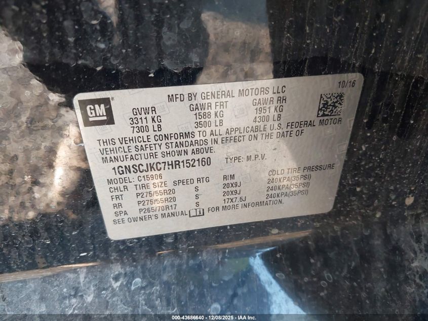 2017 Chevrolet Suburban Premier VIN: 1GNSCJKC7HR152160 Lot: 43686640