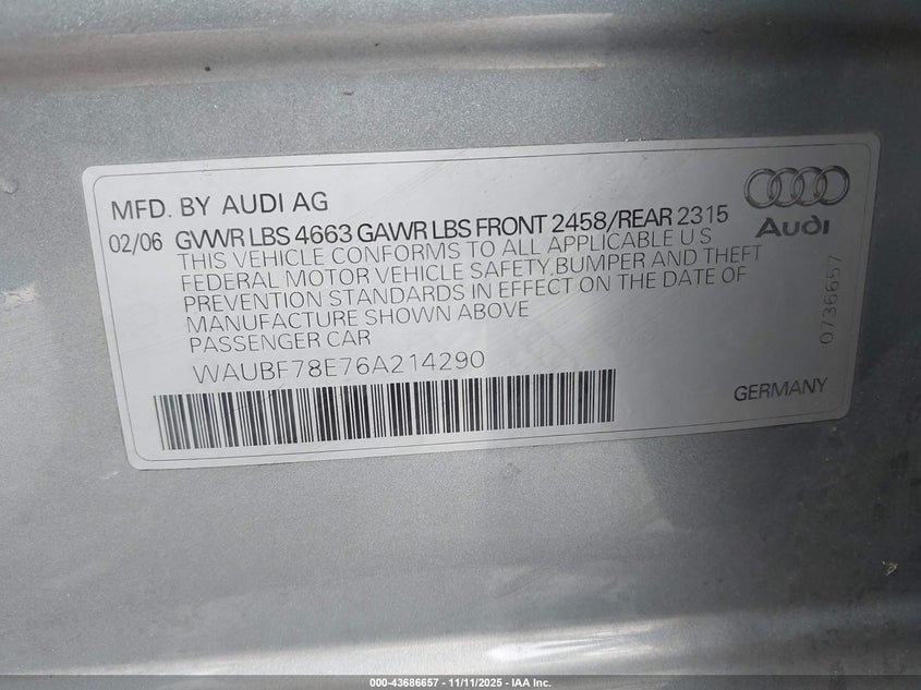 2006 Audi A4 2.0T VIN: WAUBF78E76A214290 Lot: 43686657