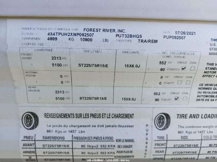 2022 Puma Palomino VIN: 4X4TPUH2XNP092507 Lot: 43686660