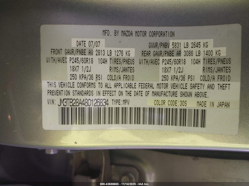 2008 Mazda Cx-9 Sport VIN: JM3TB28A480126834 Lot: 43686665