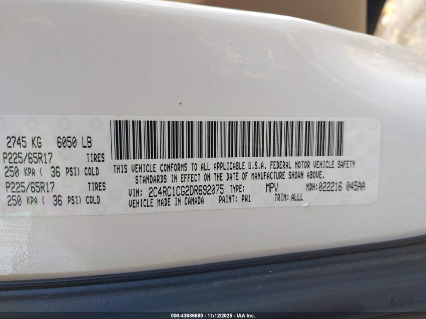 2013 Chrysler Town & Country Touring-L VIN: 2C4RC1CG2DR692075 Lot: 43686680