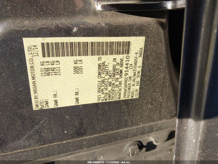 2014 Nissan Maxima 3.5 Sv VIN: 1N4AA5APXEC914410 Lot: 43686710