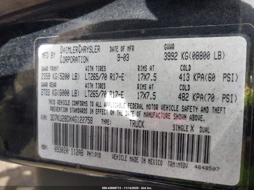 2004 Dodge Ram 2500 Slt/Laramie VIN: 3D7KU28DX4G122758 Lot: 43686713