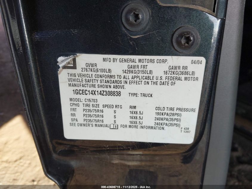2004 Chevrolet Silverado 1500 Work Truck VIN: 1GCEC14X14Z308838 Lot: 43686715