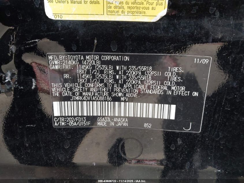 2010 Toyota Rav4 Sport V6 VIN: JTMRK4DV1A5088186 Lot: 43686722