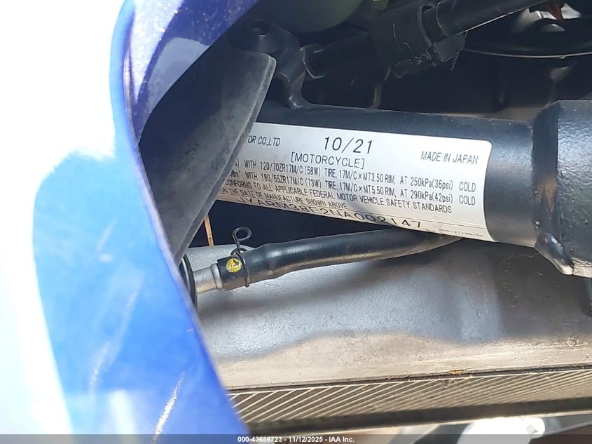 2022 Yamaha Yzfr7 VIN: JYARM38E2NA002147 Lot: 43686723