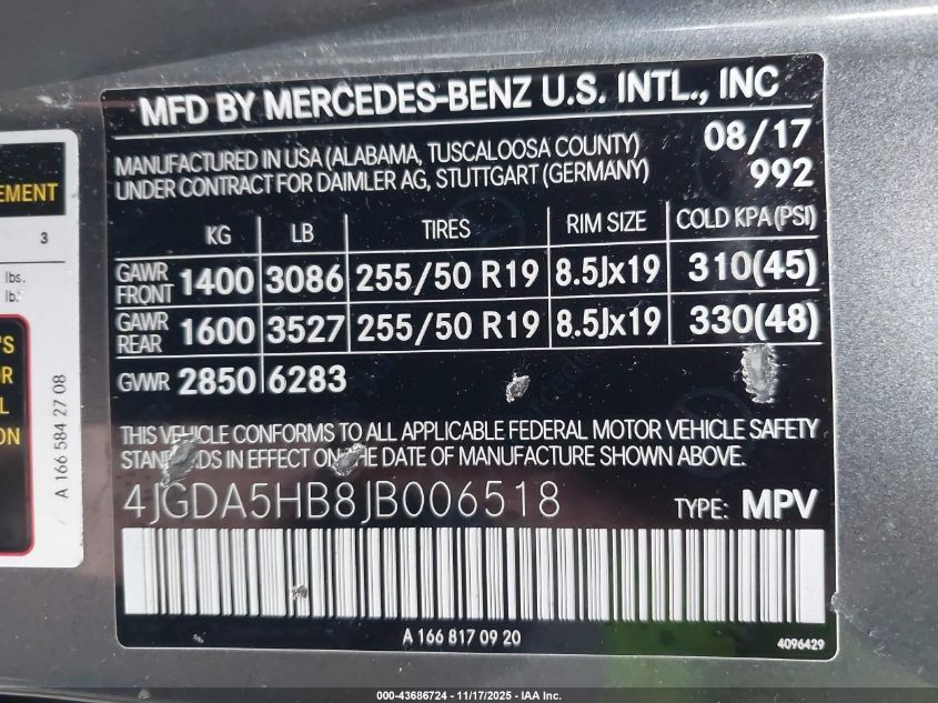 2018 Mercedes-Benz Gle 350 4Matic VIN: 4JGDA5HB8JB006518 Lot: 43686724