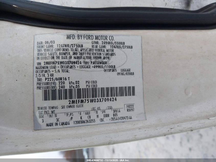 2003 Mercury Grand Marquis Ls VIN: 2MEFM75W03X709424 Lot: 43686732