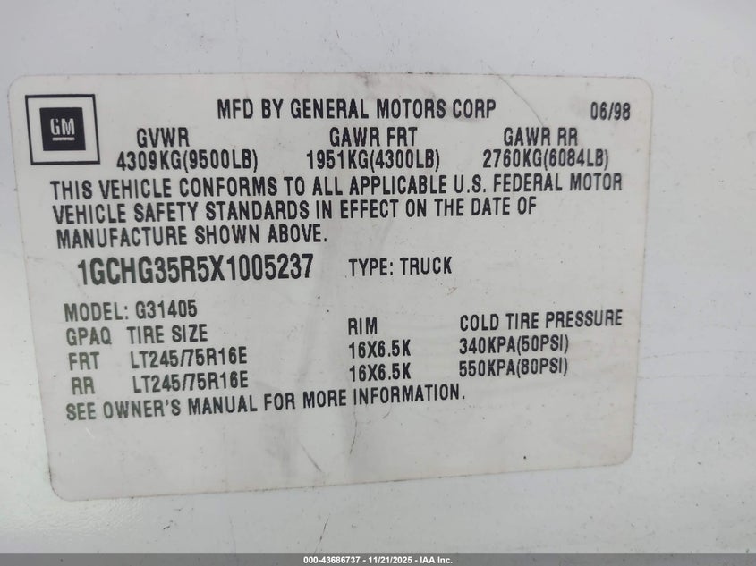 1999 Chevrolet Express VIN: 1GCHG35R5X1005237 Lot: 43686737