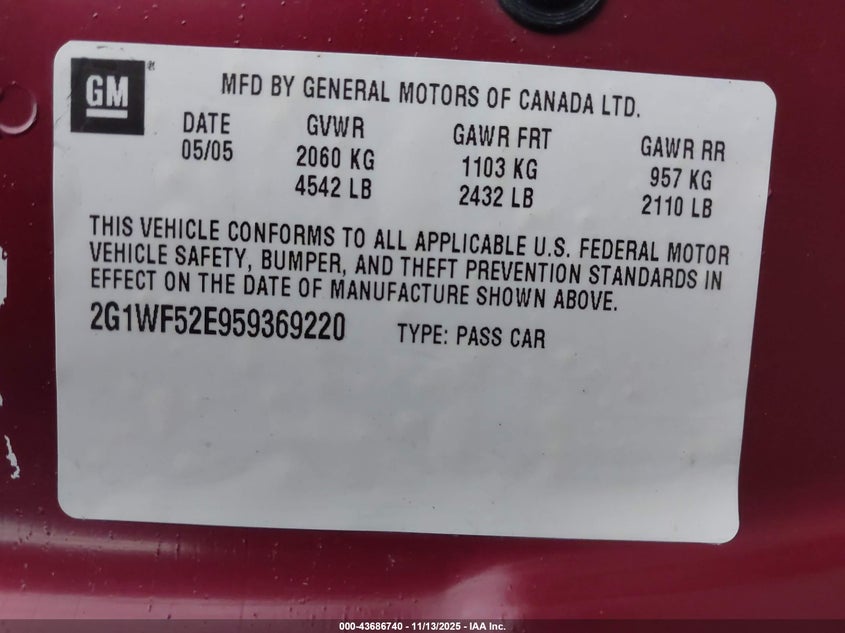 2005 Chevrolet Impala VIN: 2G1WF52E959369220 Lot: 43686740